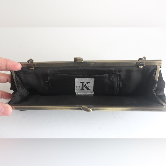 Vintage Matt Black Satin and Antiqued Brass Clutch with Chain, Evening Bag Retro - Picture 9 of 9